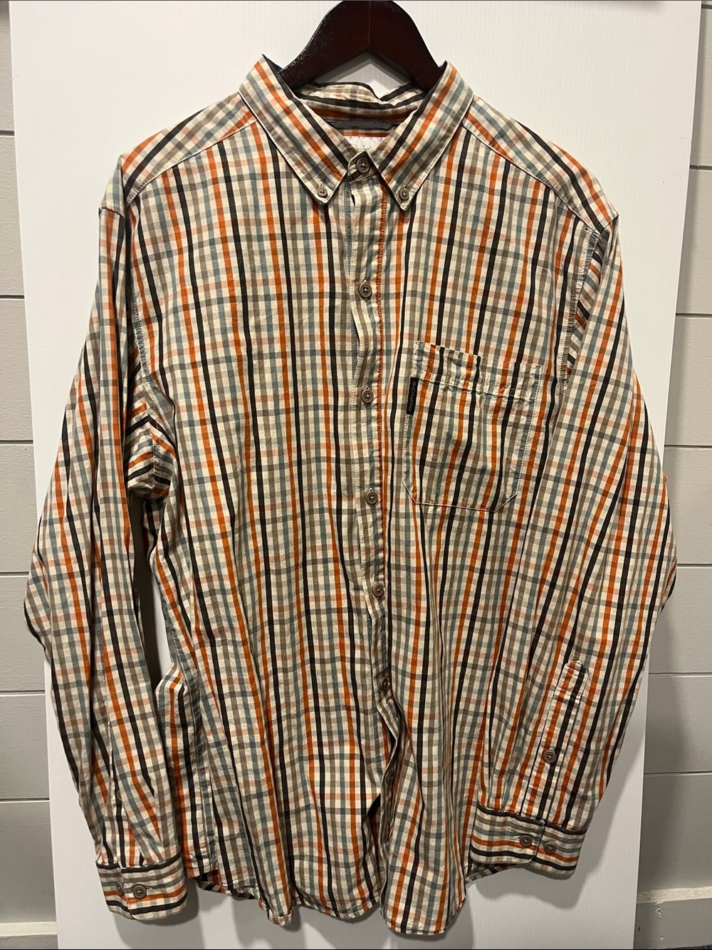 Columbia Men's Casual Plaid Button-Down Shirt in Orange, Beige & Gray- Large
